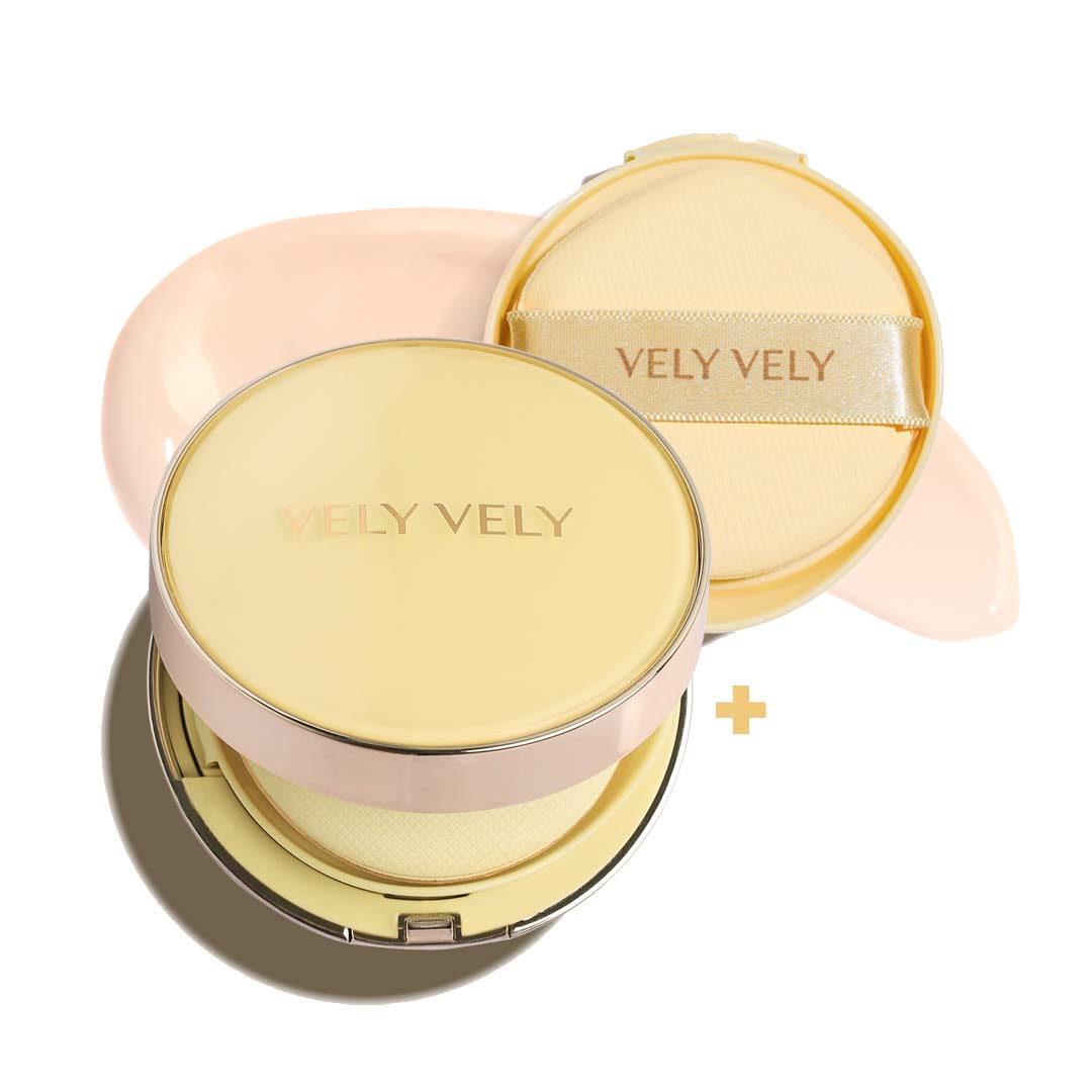 VELY VELY Aura Honey Glow Cushion - Moisturizing Foundation UV block SPF 50+ PA+++, Brightening Anti-Wrinkle Hydrating Liquid Foundation Belgian Spa Water 31% Honey Propolis All Skin Type 15g 0.53oz (Main Product + Refill)